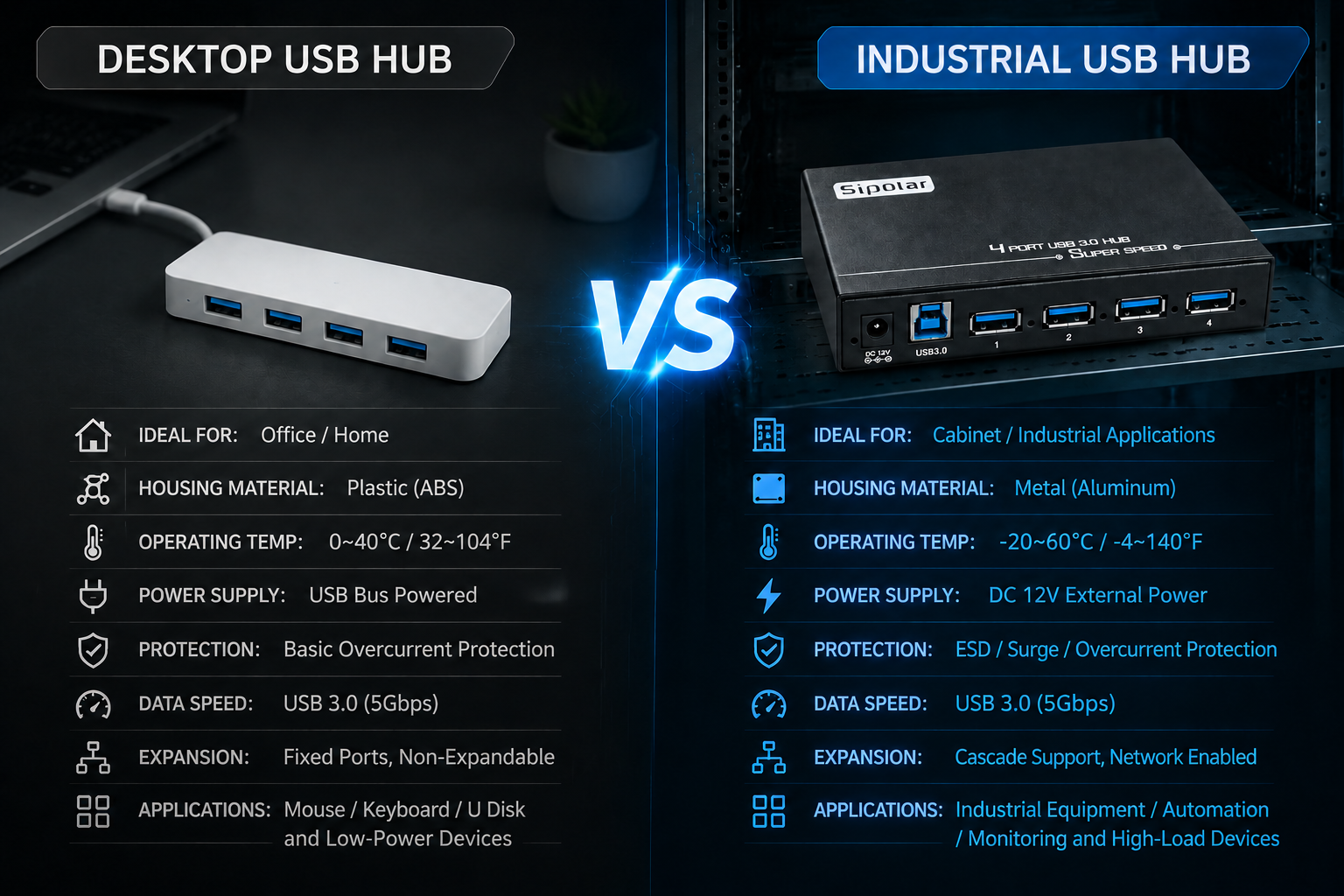 Desktop vs industrial USB hub comparison