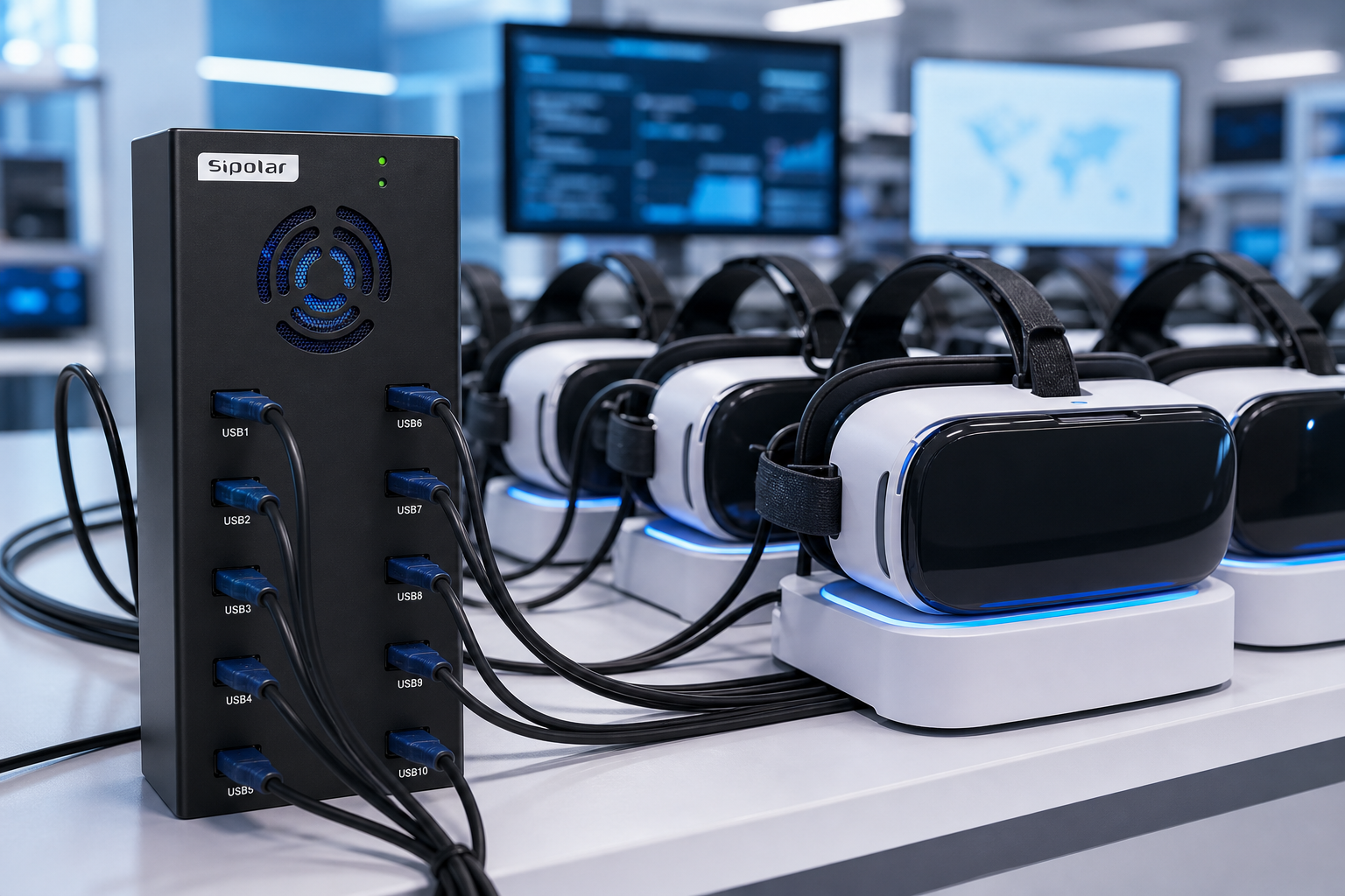 VR headset array connected to central hub