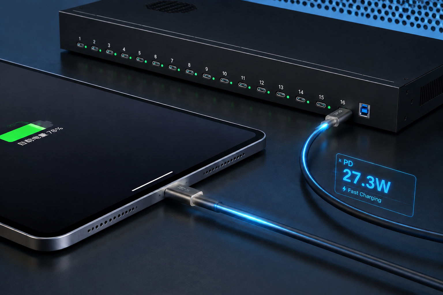 High-power USB charging demonstration showing 27.3W output