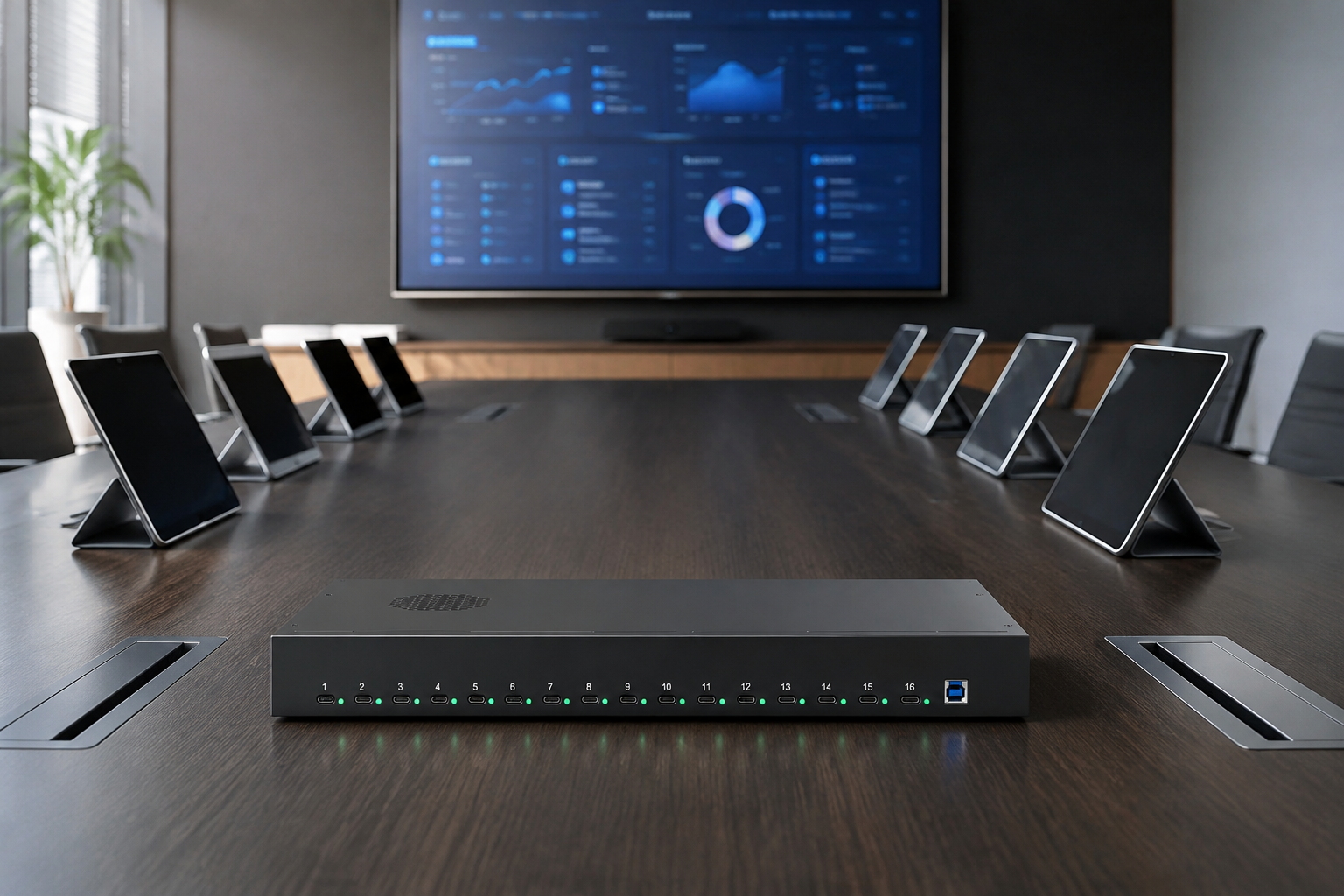 Conference room with USB charging hub and multiple tablets