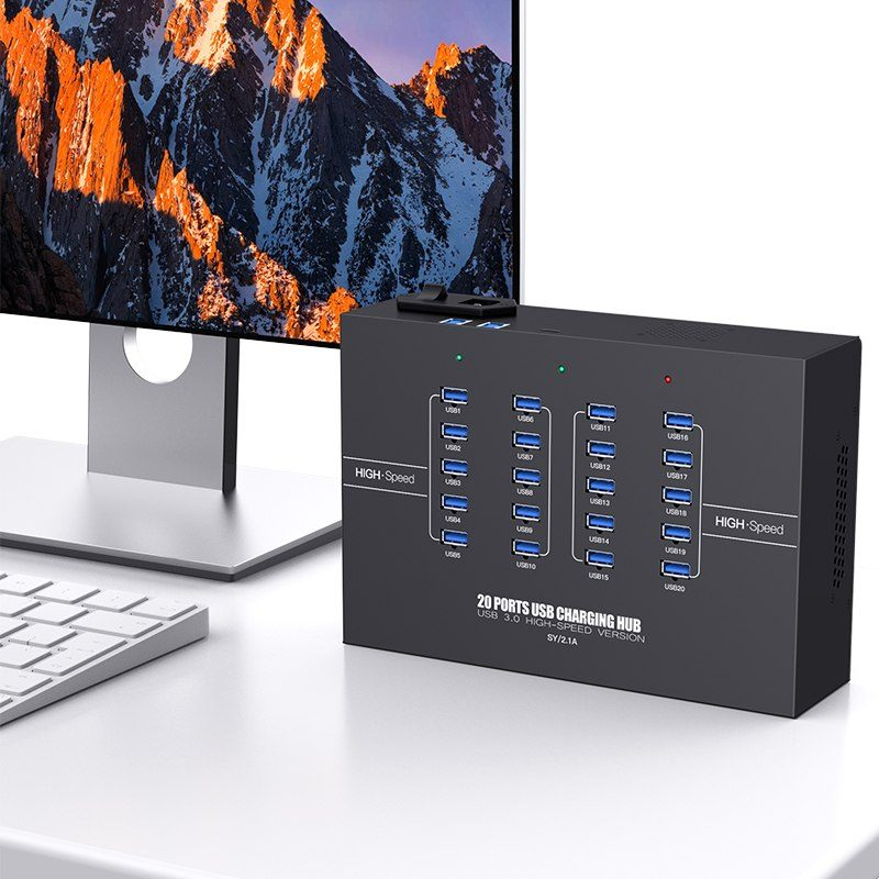 A-223 20-port industrial USB charging hub in metal enclosure