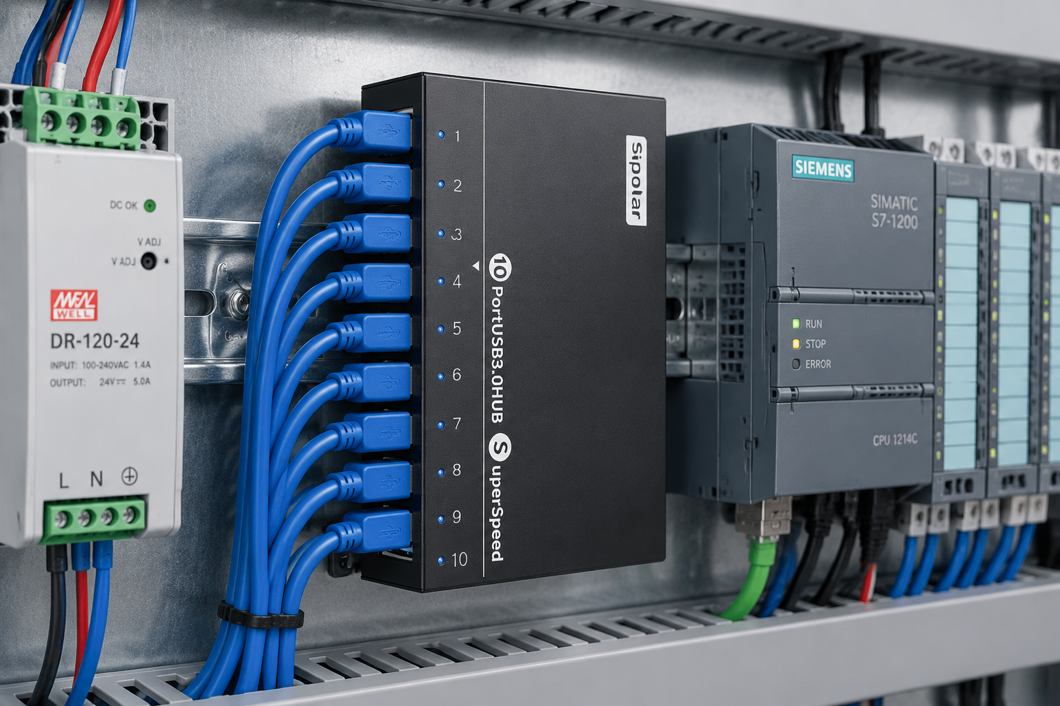 16-port vertical USB hub in industrial cabinet